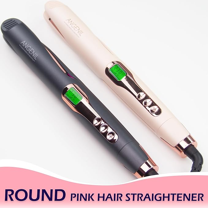 ANGENIL Pro Twist Flat Iron Hair Straightener, 2 in 1 Straightener and Curling Iron for Women, Round Pink Dual Voltage Hair Straightener with Silicone Heat Resistant Mat, 30s Fast Heating, LCD Display