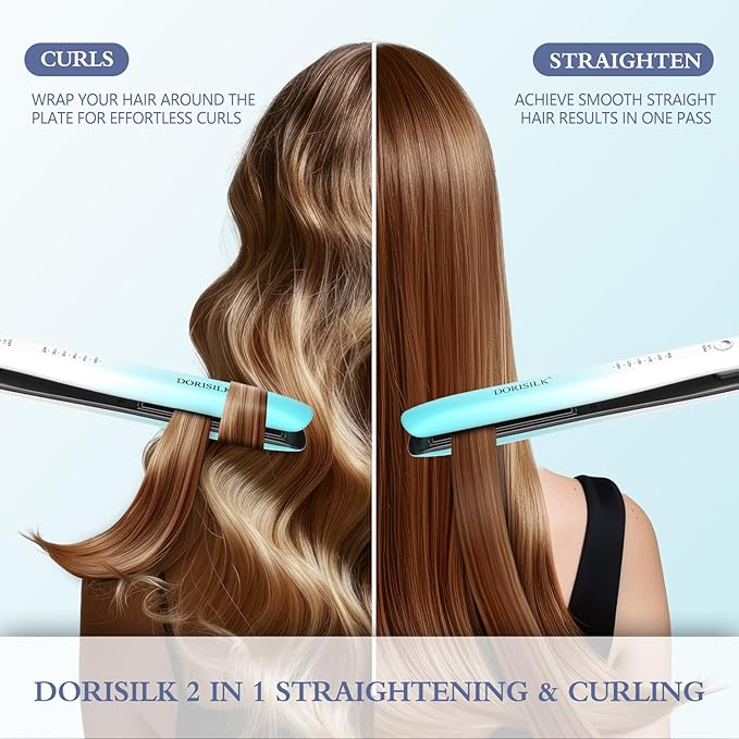 DORISILK Dual Voltage Flat Iron 1 Inch, Ceramic Hair Straightener and Curler 2 in 1, 450℉ Straightening Iron for Thin Thick Hair, Frizz-Free Smooth Tech 30s Fast Heat Gift for Women Girls, Blue White
