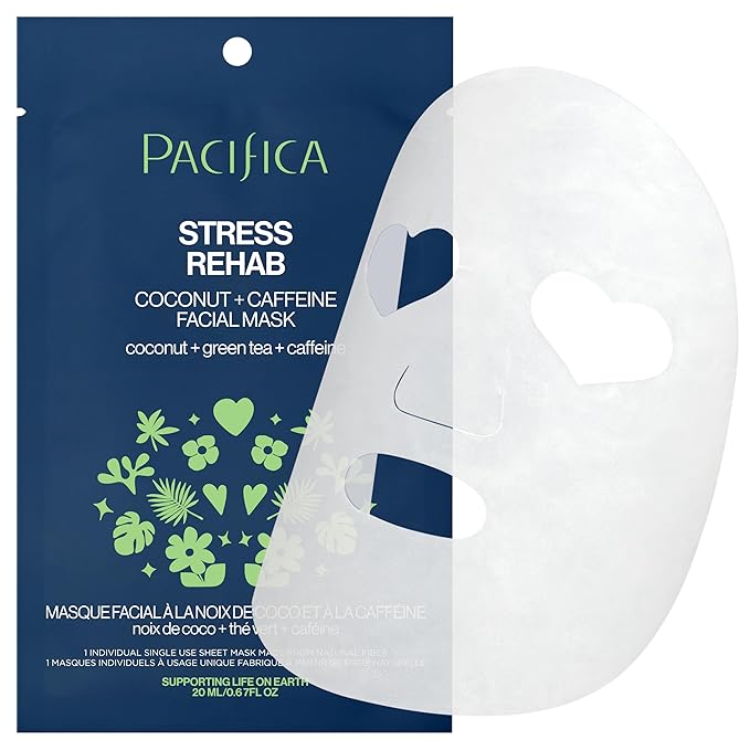 Pacifica Beauty Skin Rehab Coconut and Caffeine Facial Mask, Skincare, Green Tea, Puffiness, Face Mask, Sheet Mask, Face Care, All Skin Types, Vegan (6 Sheets)