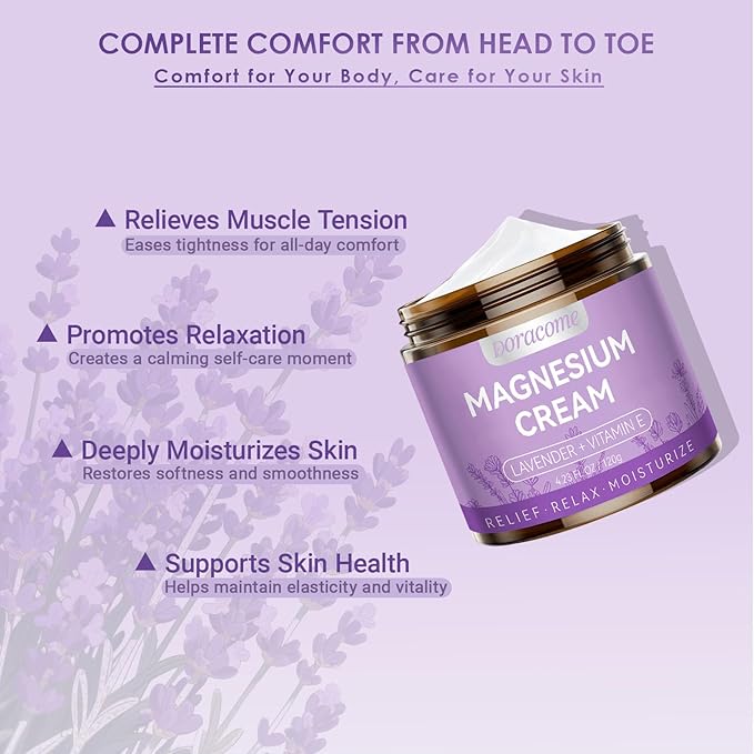 Natural Nighttime Magnesium Cream for Sleep & Pain Relief – Soothing Topical Magnesium Lotion for Leg Cramps & Muscle Relaxation, Apply to Legs or Feet Before Bed – Deep Hydration, 4.23 Fl Oz