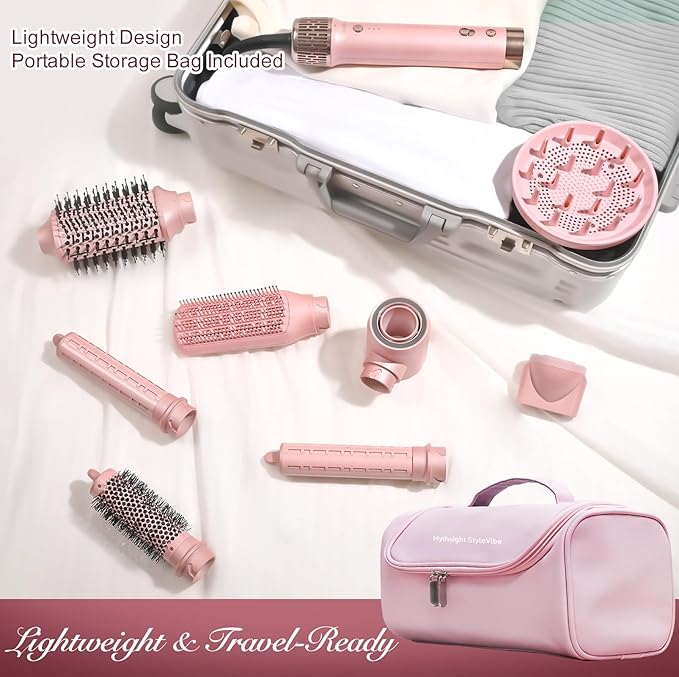 Dual Voltage StyleVibe 8-in-1 Air Styler, Hair Dryer & Blow Dryer Brush with Travel Case - Auto Wrap Curls (L/R), Fast Drying, Thermal Brush for Blowouts & Frizz-Free Volume, No Heat Damage