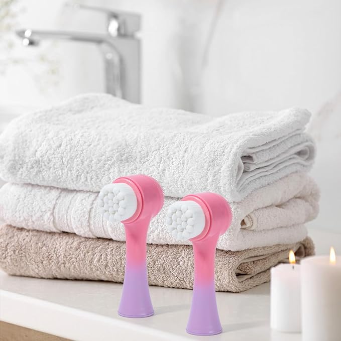 Face Brush 2 in 1, Silicone Facial Cleansing Exfoliating Brush Soft Bristles Pore Deep Cleansing Manual Dual Face Wash Scrub Brush For Massaging, Makeup Skincare Removal, Gradient Pink