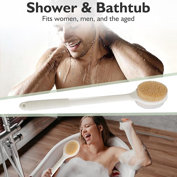 VANZAVANZU 17 Inch Anti-Slip Long Handle Back Scrubber for Shower – Dual-Sided Shower Brush and Shower Back Scrubber with Soft and Stiff Bristles for Wet or Dry Brushing (Cream White)