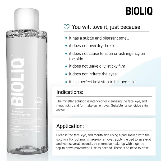 Bioliq - Clean Micellar Solution - Gentle Skin Cleanser with Provitamin B5 & Moisturizing Agents, Paraben-Free Formula for Smooth Complexion - 200 ml