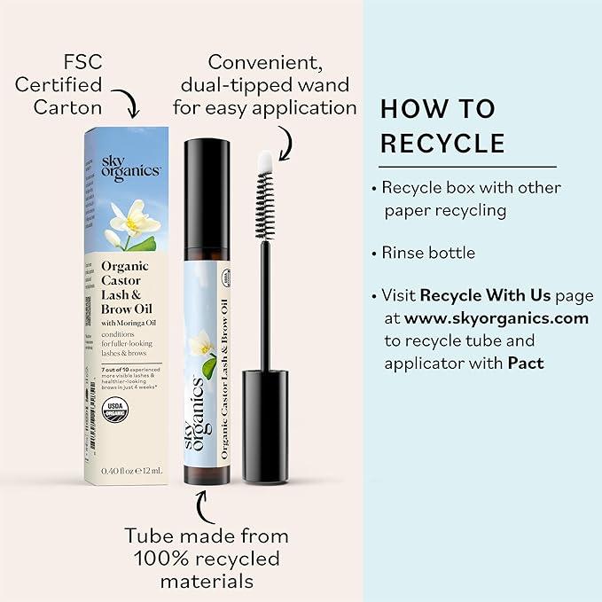Sky Organics - Organic Lash & Brow & Applicator - Eyelash Serum - Castor Oil Organic - Moringa, Amla, Vitamin E - Lashes, Eyebrows - Hair Oil - Self Care, Beauty - Gifts for Women - .4 fl oz, 12mL