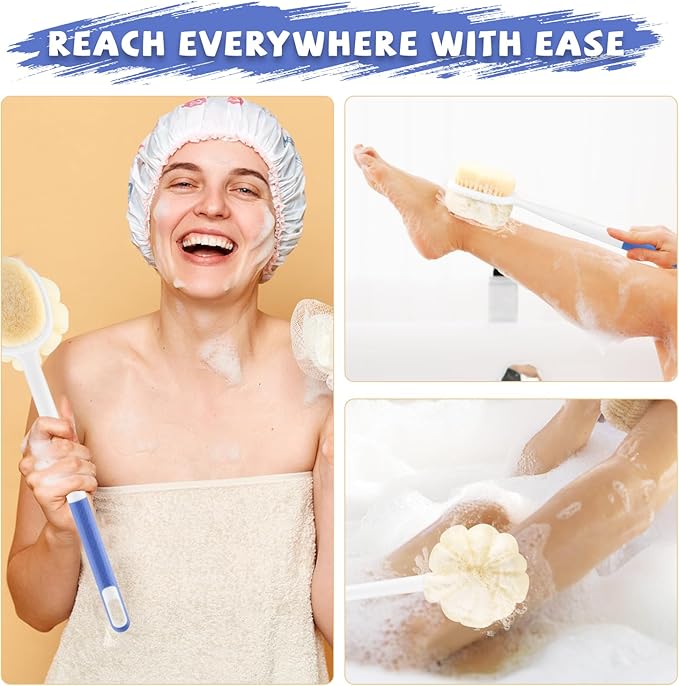 2 Pcs Long Handled Shower Brush Double Sided Bath Brush Massage Body Cleaning Mesh Sponge with Soft Bristles and Loofah for Skin Exfoliating Women Men - Blue