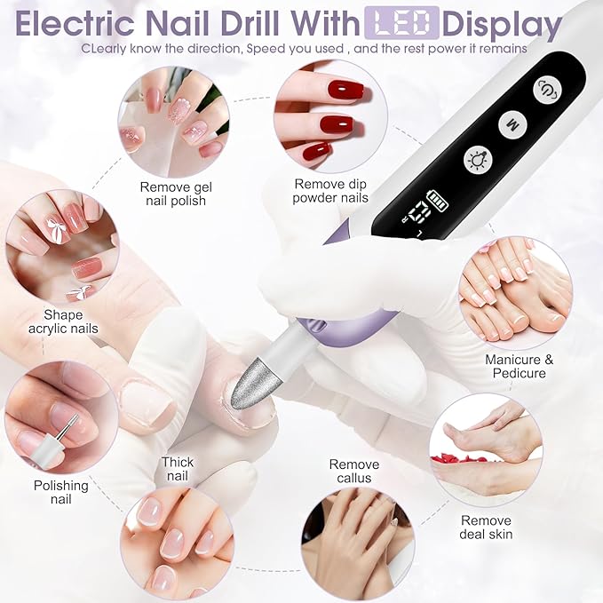 Professional Manicure Pedicure Kit with Memory Modes, Cordless Electric Nail File Set 10 Speed Portable Nail Drill Machine, Pedicure Tools for feet, Hand Foot Care Tool for Thick Nail Toenail Cuticle