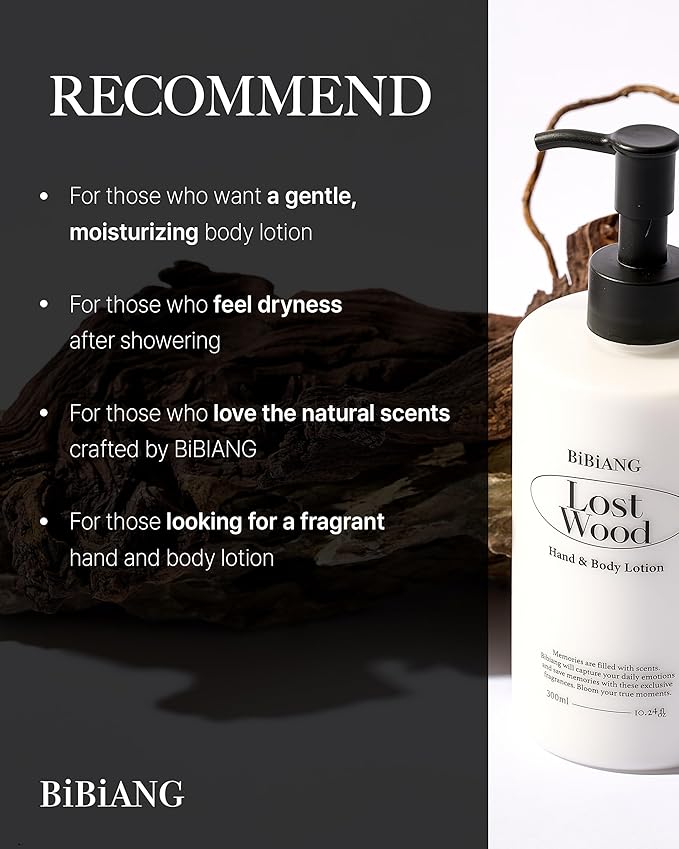 Lost Wood Body Lotion - Korean Body Care for Moisturizing & Nourishment - Hydrating Body Care Formula with Woody Soap Scent, Shea Butter & Jojoba Oil - 10.82 fl.oz