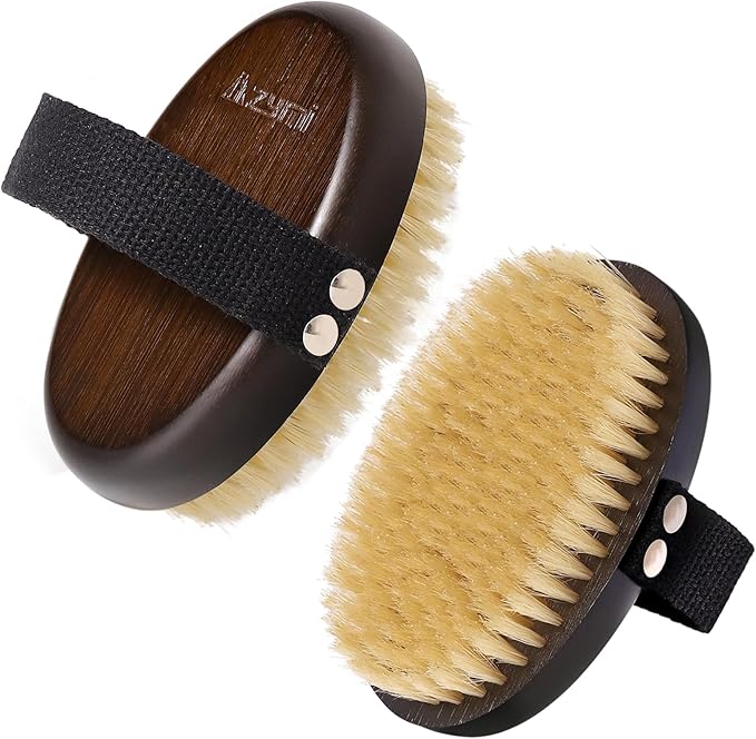 Dry Brushing Body Brush for Lymphatic Drainage, Azymi Shower Bath Brush 100% Natural Thick Bristles Exfoliate Dead Skin, Detoxify, Improve Blood Circulation, Dry & Wet Brush Dual-Use 1-Pack Oval