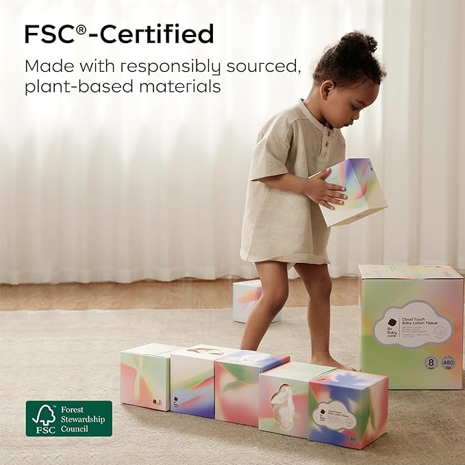 Bc Babycare Lotion Ultra Soft Facial Tissues, Hypoallergenic, Plant-based Materials, Clean Gentle Baby Essentials, 60 Tissues Per Box, 5-Ply (60 Count (Pack of 4))