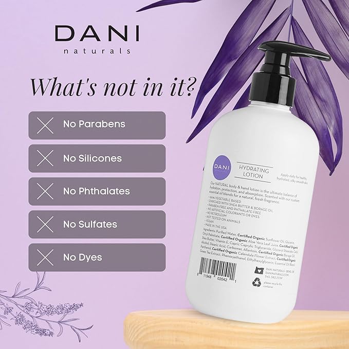 DANI Naturals Hand & Body Lotion - Calming Lemongrass Lavender Scent, Moisturizing Lotion with Aloe Vera, Shea Butter & Vitamin E, Deep Hydration for Dry Skin, All Skin Types - 12 Oz