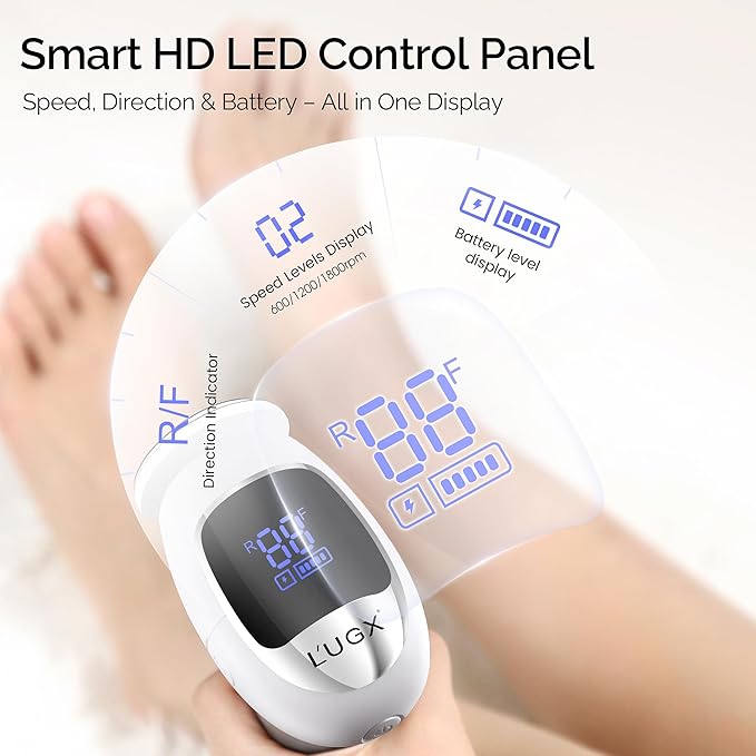 L'UGX Electric Foot Callus Removers –Powerful 8N·cm Torque Professional Pedicure Foot File, 3-Speed Settings, LCD Display, 60pcs Sandpaper Discs, Type-C Rechargeable, Ergonomic Handle-White