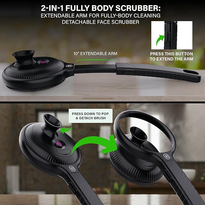 Bella Ciao Electric Back Scrubber for Shower & Face – Vibrating Silicone Body Brush, Exfoliating Loofah Cleaner with Extendable Handle, USB-C Rechargeable, IPX7 Waterproof Men’s Bath Massager (Black)