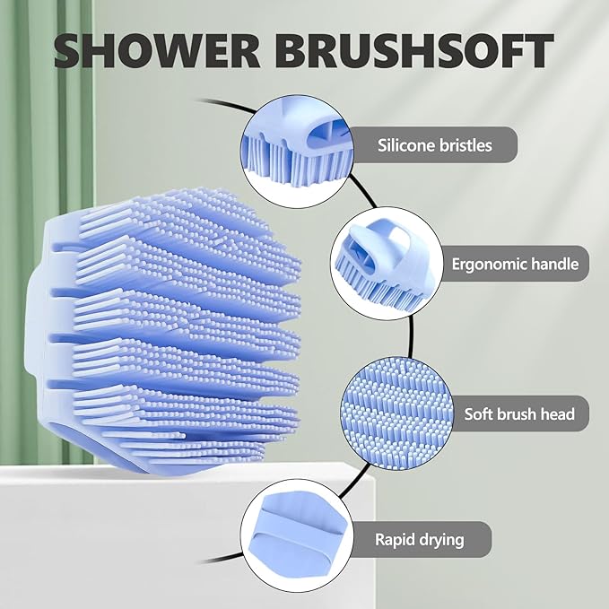 Silicone Body Scrubber with Handle - Exfoliating Shower Brush for Men & Women, Travel-Friendly & Quick-Dry, Soft Silicone Loofah Alternative for All Skin Types (Blue)