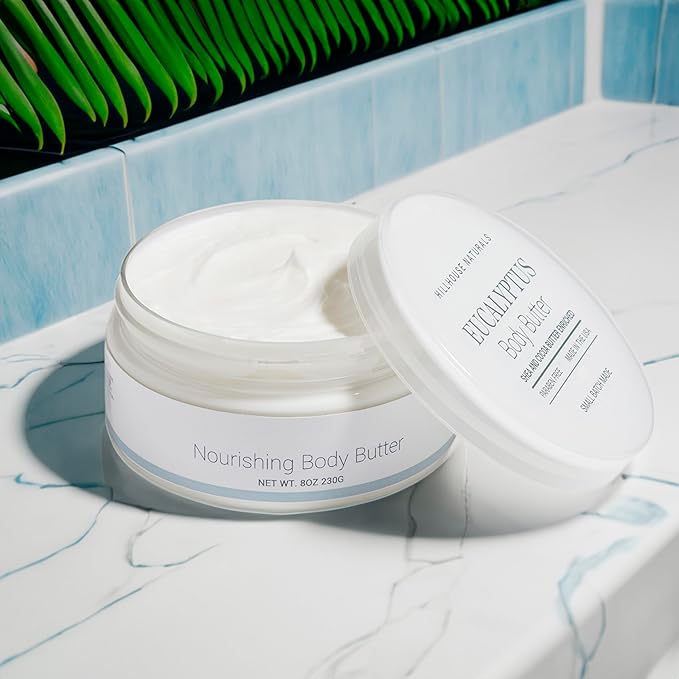 Hillhouse Naturals Body Butter – Ultra-Moisturizing, Renewing, Smoothing Scented Body Cream - Deep Hydration For Dry Skin Repair - Made With Natural Ingredients – 8oz (Eucalyptus)