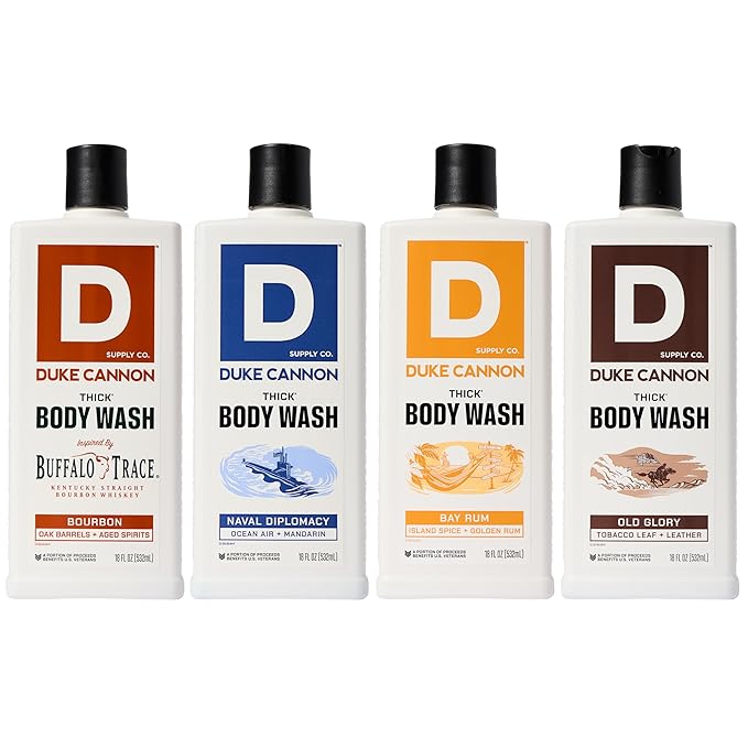 Duke Cannon Supply Co. Thick High Viscosity Body Wash - 3X Thicker, Plant-Based, Mineral-Enriched Body Wash for Men - Bourbon, Naval Diplomacy, Old Glory, & Bay Rum