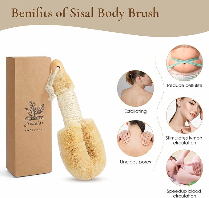 Dry Body Brush Set for Lymphatic Drainage, Natural Sisal Bristle Dry Brushing Body Brush, Wood Therapy Kit with Wooden Acupressure Massage Tools for Face and Body Gua Sha