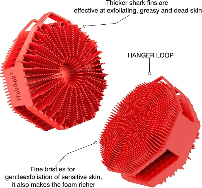 iTokGoK® Premium Silver-Infused 2-in-1 Silicone Body Scrubber, Double-Sided Design Body Brush Silicone Body Scrubber Exfoliating Body Brushes for All Skin for Showering, Lathers Well- Red