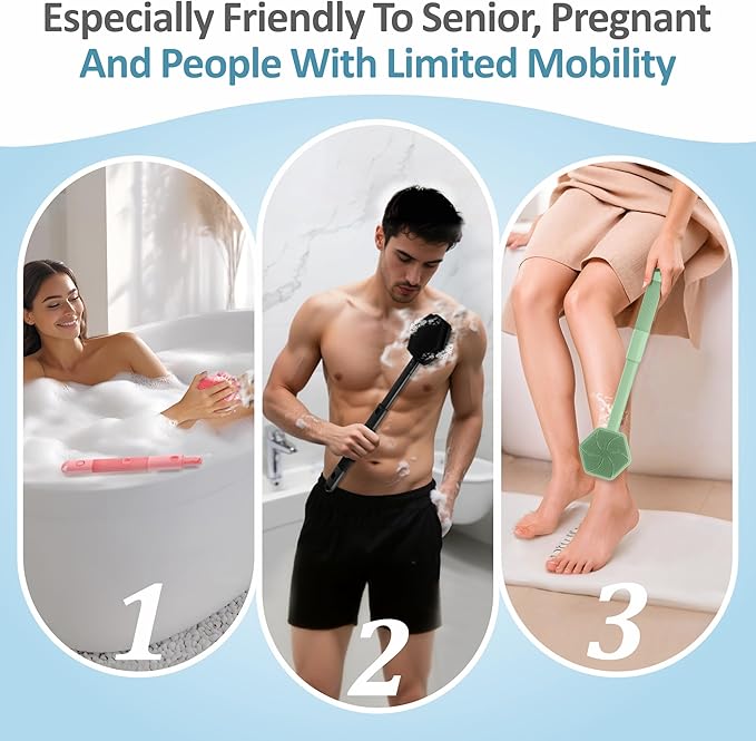 Silicone Back/Face Scrubber & Bath Glove Set 3PCS, Extendable Back Scrubber with Dual-Side Large Head, 360° Anti-Slip Bath Glove, Unique Side-bristle Face Scrubber for All-round Cleaning(Black)