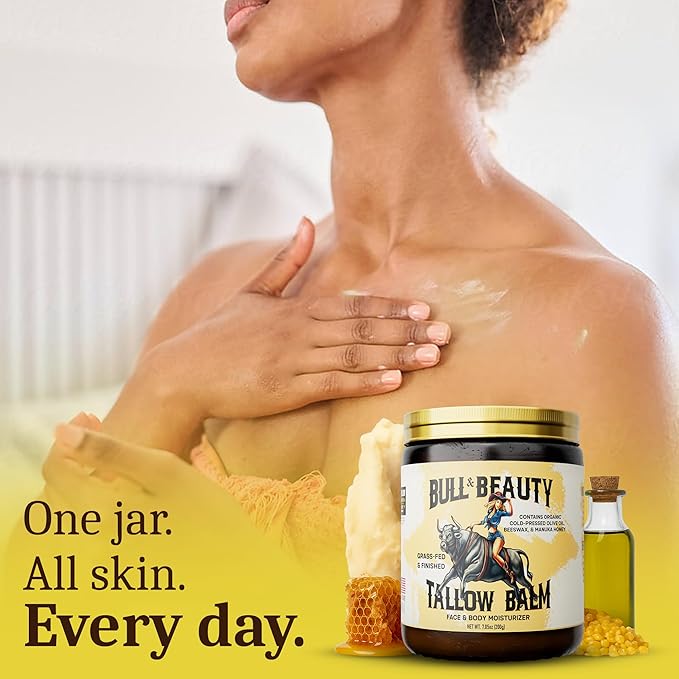 Bull & Beauty Organic Beef Tallow and Honey Balm 7.05oz Organic Beef Tallow for Skin - 100% Grass-Fed Unscented Beef Tallow Moisturizer for Skin & Face with Manuka Honey, Olive Oil & Beeswax