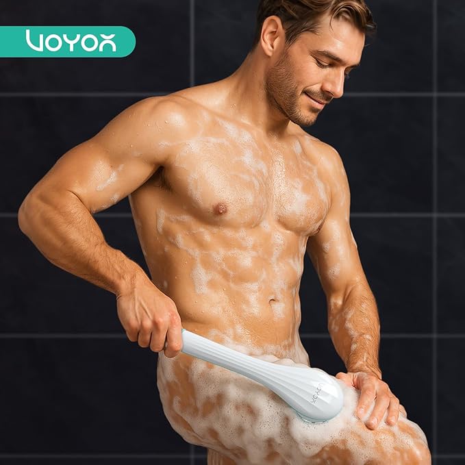 VOYOR Electric Silicone Body Scrubber, Back Scrubber for Shower, Waterproof Long Handle Body Brush, Rechargeable Power Bath Brush for Cleansing, Exfoliating, Massaging Skin BC100 (Blue)