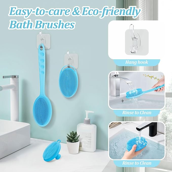 Silicone Back & Body & Face Scrubber Set 3PCS, Gentle Exfoliating Back & Body Scrubber with Dual-Side Brush Head, Hygienic Silicone Loofahs with Soft Bristle and Non-Slip Handle(Blue-3PC)