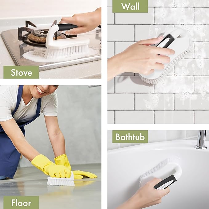 Amazer Scrub Brush for Cleaning Comfort Grip Shower Scrubber Stiff Bristles with Handle Heavy Duty Cleaner Brush for Tub Sink Carpet Floor - Pack of 2 (Black+Black)