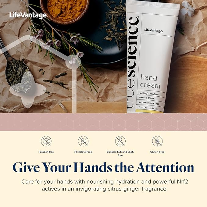 TrueScience Hand Cream (100ml) Nourishing Hydration for Dry Hands, with Shea Butter, Aloe Vera Juice, Sunflower Seed Oil, Vitamin Complex, and Nrf2 Actives in an Invigorating Citrus-Ginger Fragrance