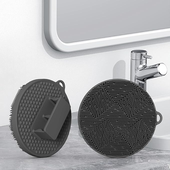 Silicone Body Scrubber-Silicone Shower Brush for Gentle Exfoliating & Lathering with Body Scrub & Wash, Durable & Hygienic, Deep Cleansing Exfoliator for All Skin Types - Shower Essential (Grey+Pink)