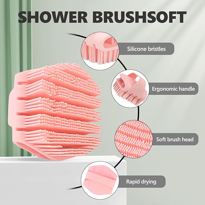 Silicone Body Scrubber with Handle - Exfoliating Shower Brush for Men & Women, Travel-Friendly & Quick-Dry, Soft Silicone Loofah Alternative for All Skin Types (Pink)