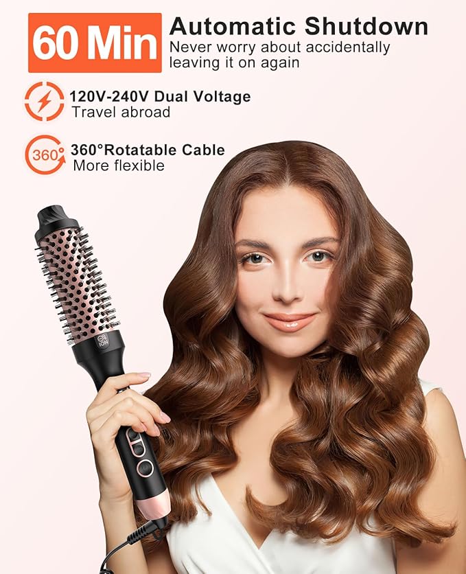 Nimmu Thermal Brush for Blowout Look, 1.5 inch Heated Round Brush, Curling Iron with 10 Temperature Control, Hot Styler Dual Voltage for Travel, Black Gold