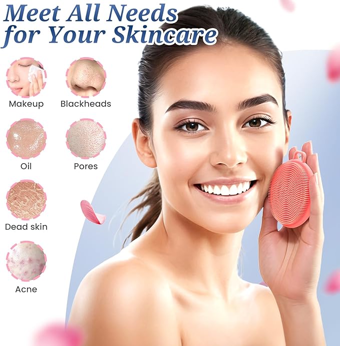 Silicone Face & Back Scrubber Set, Manual Face & Body Scrubber Exfoliator with Soft Bristles and Non-Slip Handle, Back Brush Bath Brush with 2 Detachable Brush Heads(3PCS Pink Set)