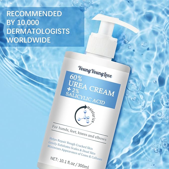 10.1 Oz - 60% Urea plus 2% Salicylic Acid for Hand & Feet Maximum Strength, Deep Moisturizing Urea Foot Cream for Calluses Dry Cracked Feet Heels Knees Elbows Dead Skin, Callus Remover