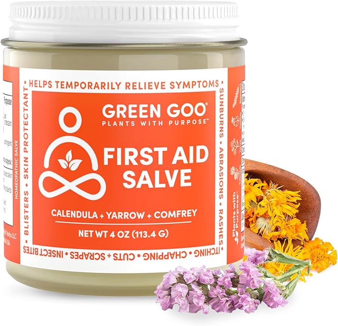 Green Goo First Aid Salve, All-Natural Cream for Healing Cuts, Scrapes, Blisters, Chafing, Sunburns & More, 4 Oz