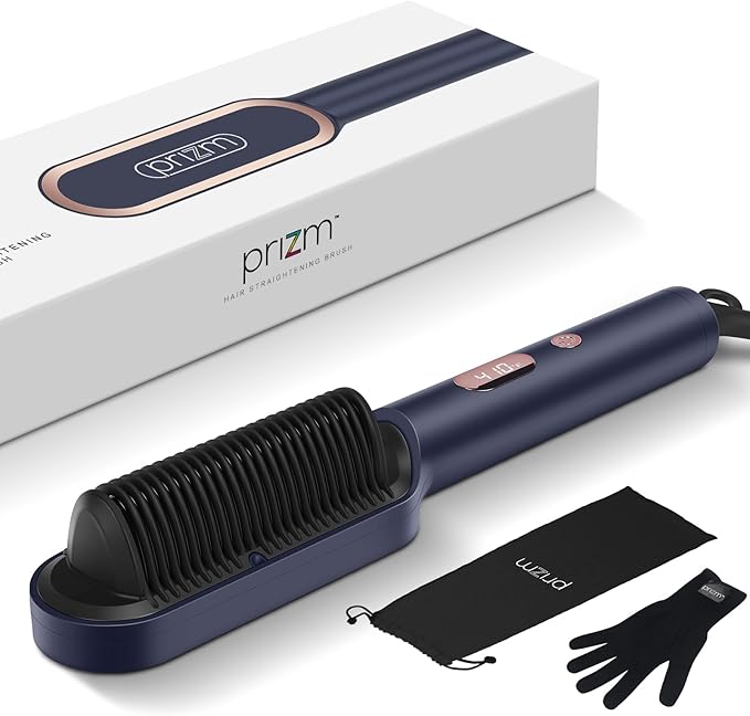 Prizm Hair Straightener Brush, 20s Fast Heating, Negative Ions Hair Straightening Brush with Less Frizz, 4 Temp Settings & LED Display, Anti-Scald Design, Gift for Women, Dual Voltage, Prussian Blue