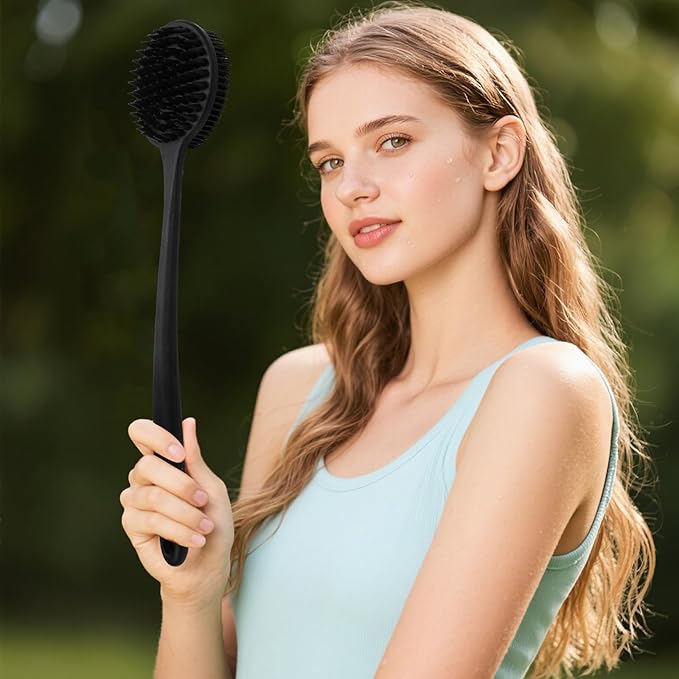 Silicone Body Scrubber for Shower Men Women ā Dual-Sided Exfoliating & Massage Shower Brush with Long Handle, Creates Rich Lather, Includes 1 Hook & 2 Lather Balls (Black).