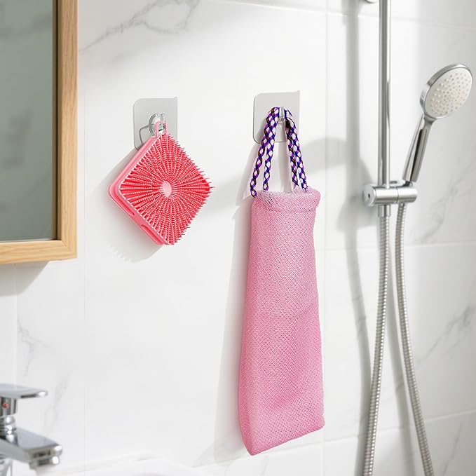 Manmihealth Dual-Sided Silicone Body Scrubber Scalp Massager & African Bath Sponge Net Set, 2-in-1 Silicone Shower Shampoo Brush Africa Wash Net Combination, Lather Well, Strong Exfoliating (Pink)