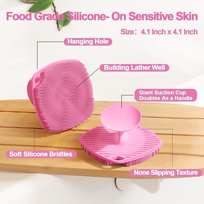 Silicone Body Scrubber, Gentle Texture Exfoliating Body Scrubber for Men and Women On Sensitive Skin, Soft Scrubber Produces Rich Form and Builds Up Lather, Getting a Deep Skin Clean (Pink)