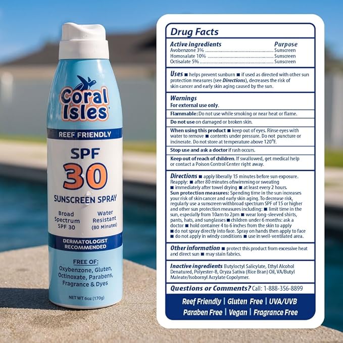 Coral Isles SPF 30 Sunscreen Spray - Hawaii Compliant - Oxybenzone & Octinoxate Free - Broad Spectrum - Water Resistant, 6 Fl Oz (Pack of 2)