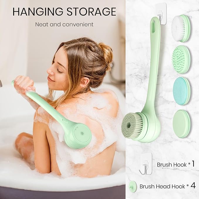 Electric Body Brush Back Scrubber for Shower, Auto Spinning Exfoliating Massage Bath Brush Rechargeable, Dual Long Handle, Deep Cleansing, Waterproof, Rotating Body Brushes with 5 Brush Heads