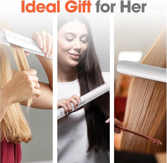 Quico Hair Straightener, 110-240V Global Travel Hair Straighteners for Women, 15s Fast Heating, Professional Negative Ion Flat Iron, Temp Memory, 320℉-450℉, Auto-Off, with Glove and Clips, Gift, White