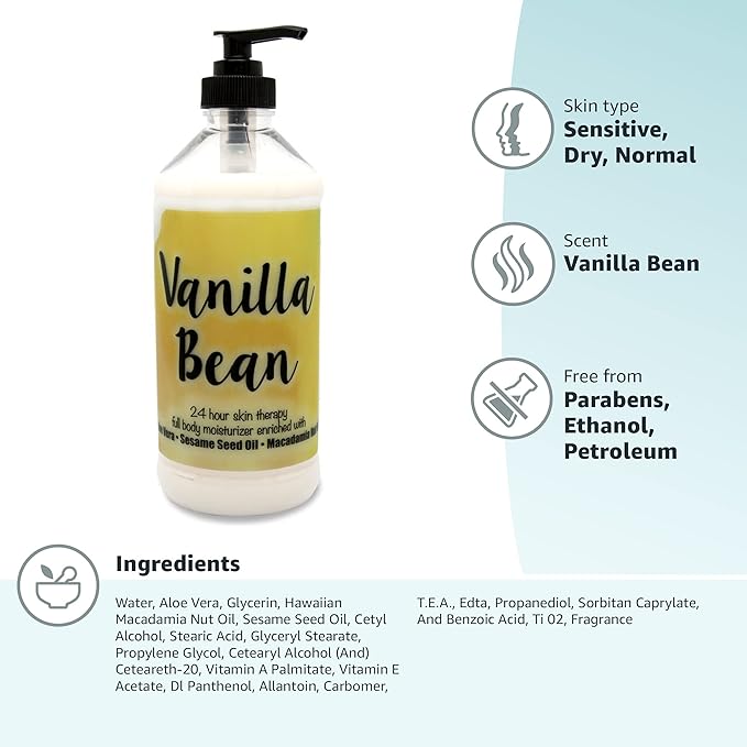 The Lotion Company 24 Hour Skin Therapy Lotion, Full Body Moisturizer, Paraben Free, Made in USA, Vanilla Bean Fragrance, w/ Aloe Vera, 16 Ounces