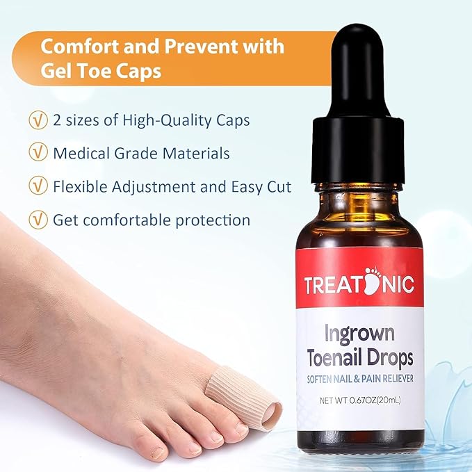 Treatonic Ingrown Toenail Treatment Drops - Ingrown Toenail Softener and Reliever Kit for Easy Trimming with Silicone Gel Toe Caps - 2 Pack