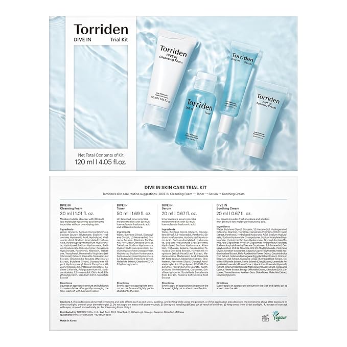 Torriden DIVE IN Trial Kit | Hyaluronic Acid Infused Daily Skincare Kit - 4 Step Regimen with Foam Cleanser, Facial Toner, Serum, and Cream | Travel Essential | Holiday Gift Stocking Stuffer