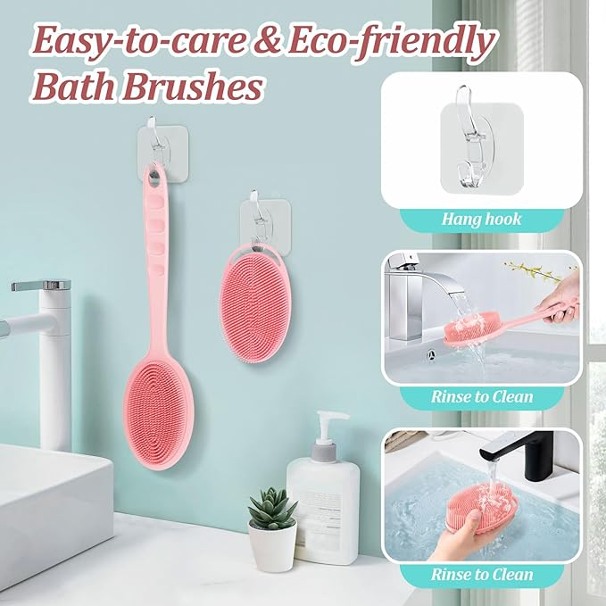 Silicone Back & Body Scrubber Set 2PCS, 13.4'' Gentle Exfoliating Back Scrubber with Dual-Side Head and Non-Slip Handle, Hygienic Silicone Loofah with Soft Bristles and Massage Dots(Pink-2PC)