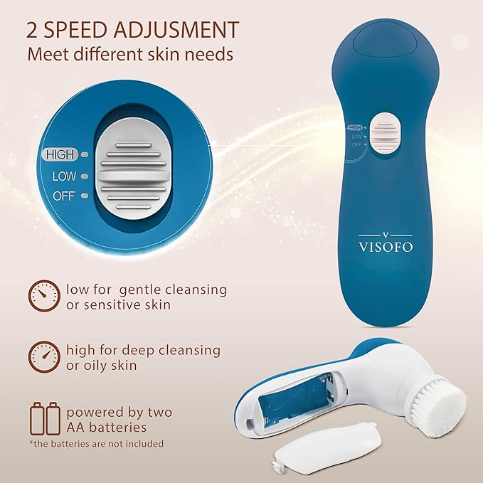 Facial Cleansing Brush Face Scrubber Exfoliating Cleaning Skin Care Cleanser Wash Women Girls Electric Beauty Powered Exfoliator Skincare Spin Tools Scrub Washer Self Care by VISOFO (Sapphire)