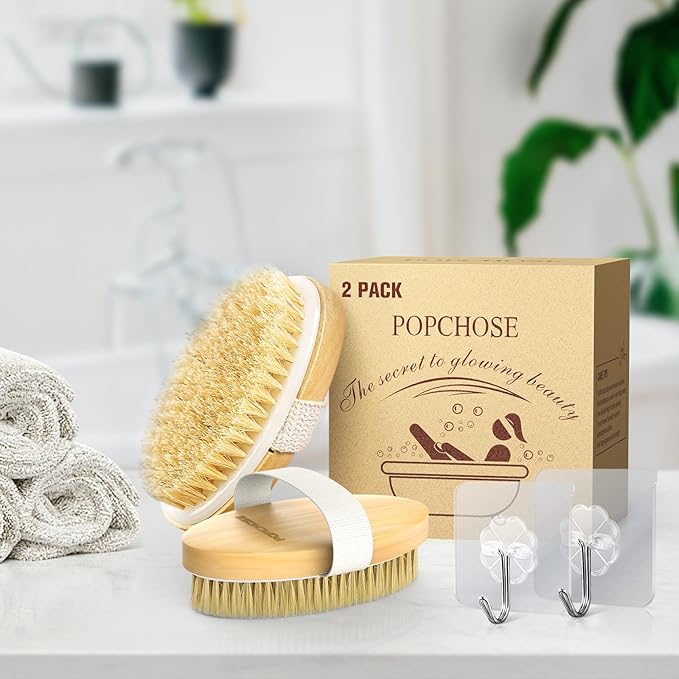 POPCHOSE Dry Brushing Body Brush, Natural Bristle Dry Skin Exfoliating Brush Body Scrub for Flawless Skin, Cellulite Treatment, Lymphatic Drainage and Blood Circulation Improvement