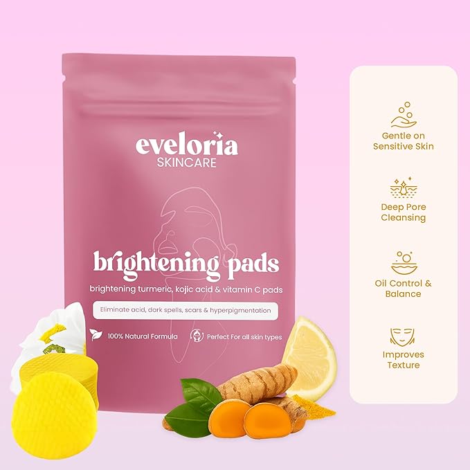 Eveloria™ Brightening Turmeric & Kojic Acid 30 Face Pads – Gentle Exfoliating & Cleansing Pads for Dark Spots, Uneven Tone & Dull Skin – Natural Glow with Turmeric, Kojic Acid & Vitamin C