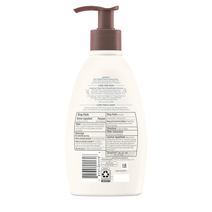 Aveeno Skin Relief Moisturizing Lotion Heals Very Dry, Sensitive Skin, Fast-Absorbing Body Lotion with Soothing Triple Oat & Shea Butter Formula, Fragrance Free, Non-Comedogenic, 12 fl. oz