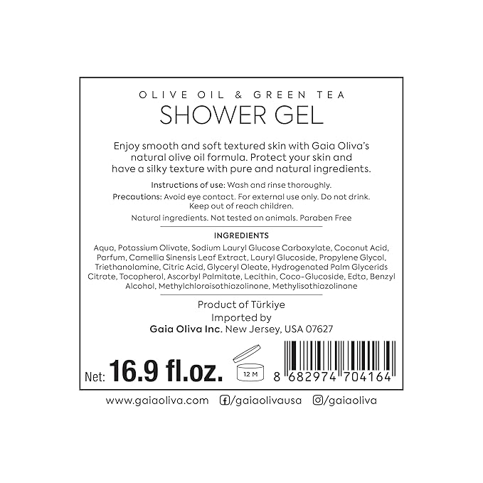GAIA Oliva Olive Oil Shower Gel – Natural Body Wash with Green Tea, Hydrating, Moisturizing Body Wash for Women & Men, Plant-based Bath & Shower Gel for Dry Skin, 16.9 Fl Oz (Pack Of 2)